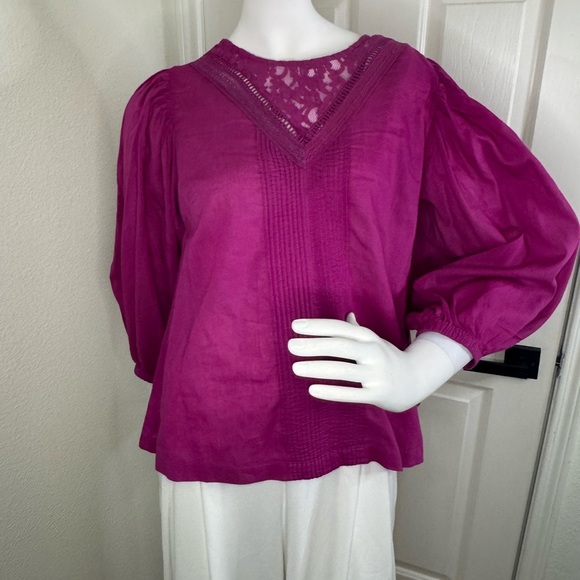 Farm Rio Fuchsia Pink Smocked Puff Sleeve Blouse with Bib Collar - Picture 3 of 13